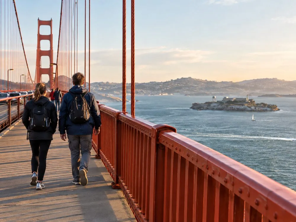 Walkers on the east sidewalk of the Golden Gate Bridge with the bay beside them