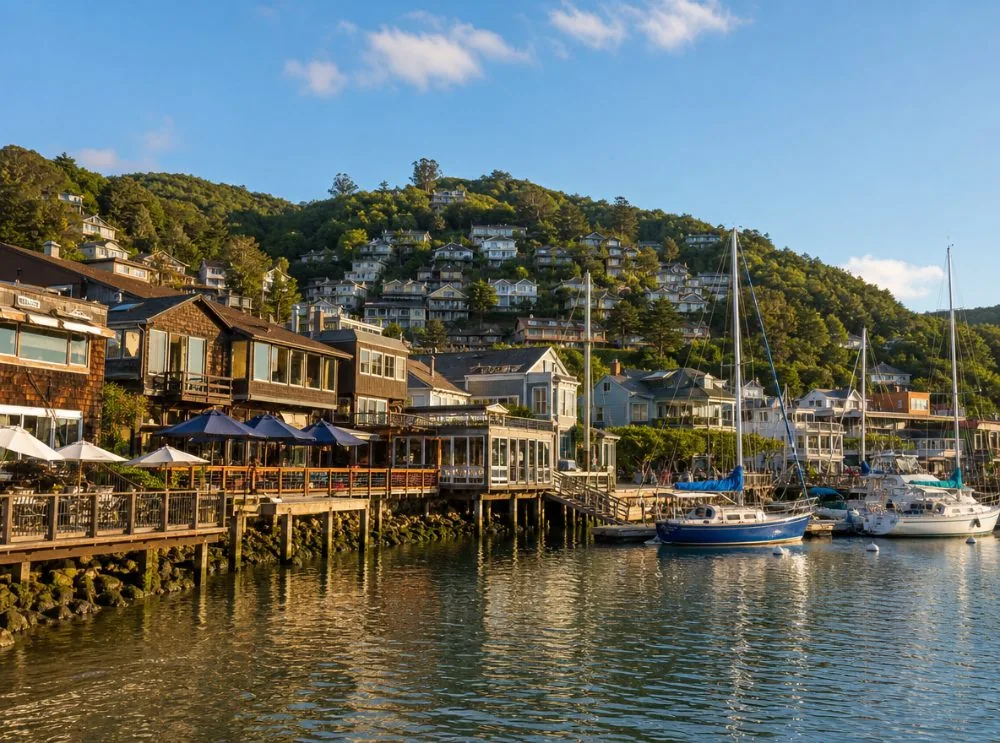 Sausalito’s waterfront and hills across the water from the bridge